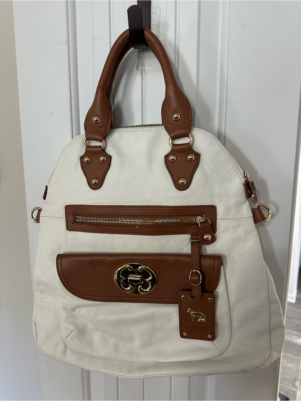 Emma Fox Pebbled Leather Dome Satchel Bag Cream Tan Gold Floral Lining
